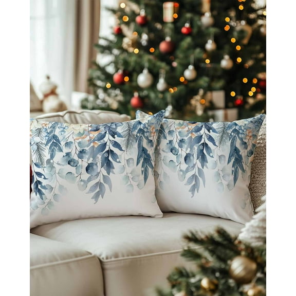 Christmas Decorative Throw Pillow Covers 12x20 Inch Set of 2 Eucalyptus Leaves Pillow Cases for Couch, Poinsettia Christmas Cushion Case for Living Room Bedroom Bed Car Chair