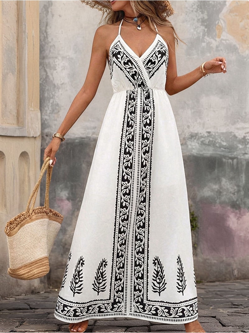 Women's V-Neck Sleeveless Flowy Maxi Dress Boho Wedding Guest Backless Sundress Beach Resort Wear Black & White M