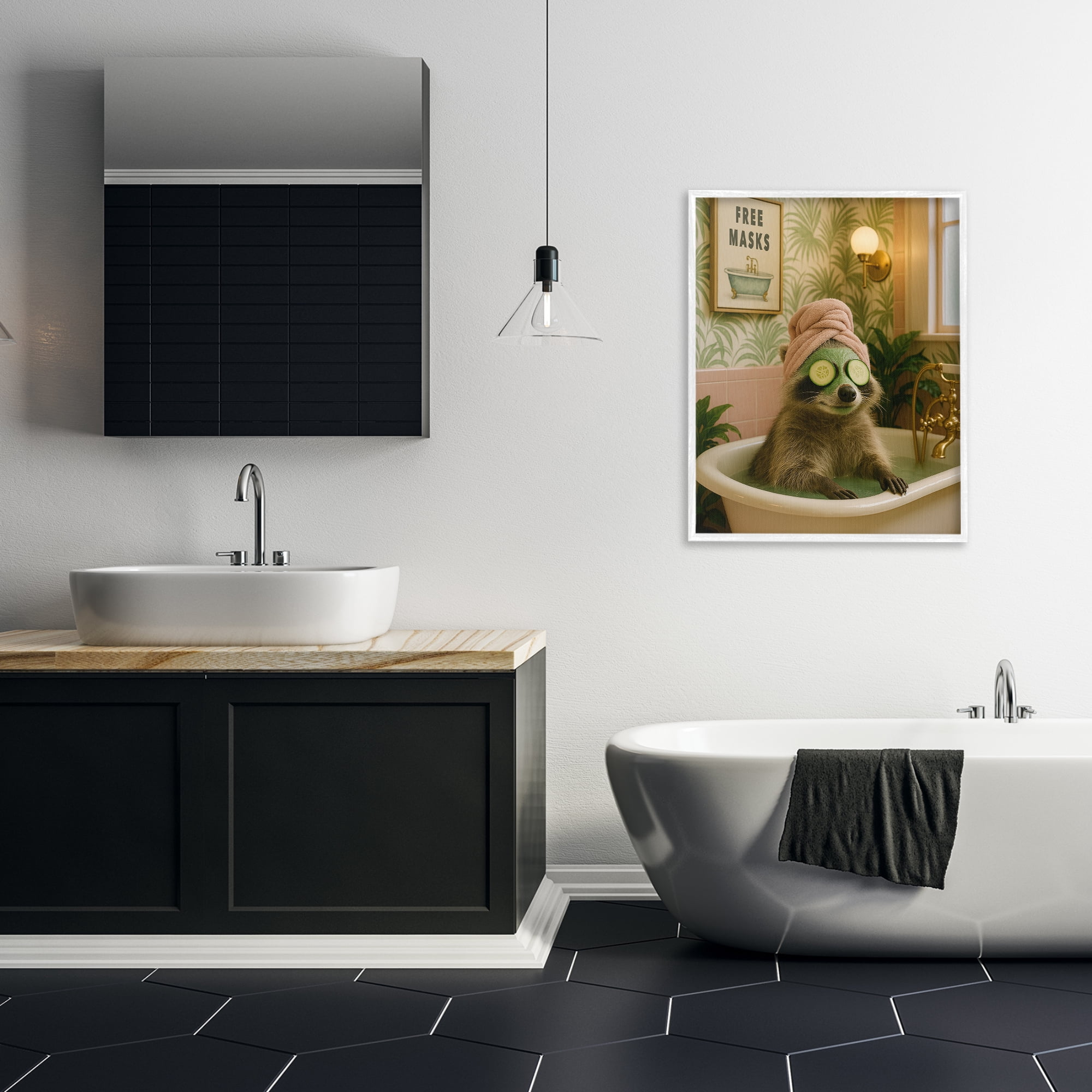 Stupell Industries Raccoon Spa Day Bath White Framed Giclee Art, design by Grotto Studios