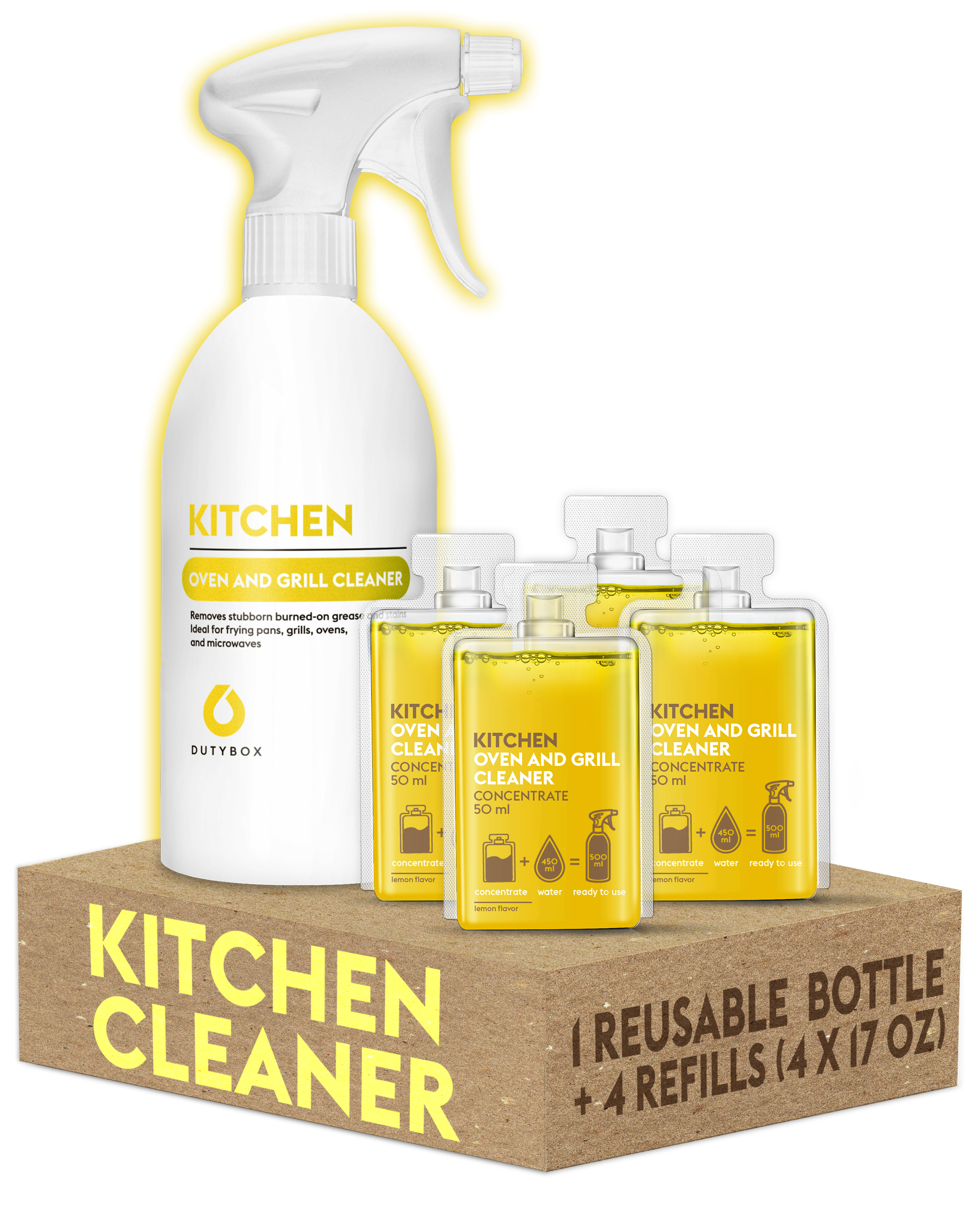 DutyBox Kitchen Cleaning Supplies, Alkaline-Free All-Purpose Cleaner, Kitchen Cleaner, Household Cleaning (1 Reusable Spray Bottle with 4 Refill Packs)