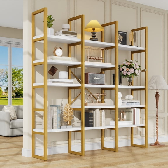 5-Tier Triple Wide Geometric Bookshelf, Industrial Etagere with Sturdy Metal Frame, 71" Tall Freestanding Display Shelving Unit