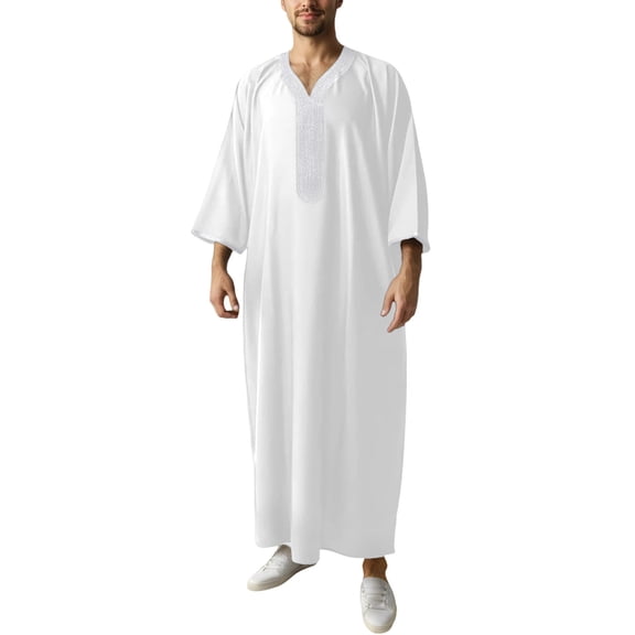 IWRICH Men's Embroidery Moroccan Thobe Mogadishu Djellaba Robe Jubba Prayer Kaftan Arabic Abaya 03-White XL