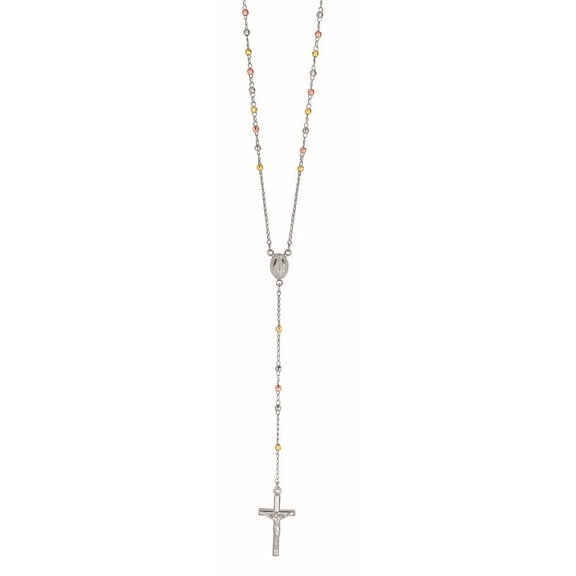Sterling Silver Yellow Rose Plated 3mm Rosary Bead Chain Necklace Cross Pendant Figurine - 26 Inch
