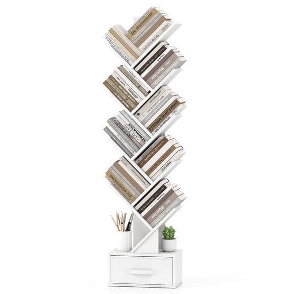 Costway 10-tier Tree Bookshelf with Drawer Free-standing Bookcase Storage Shelf White
