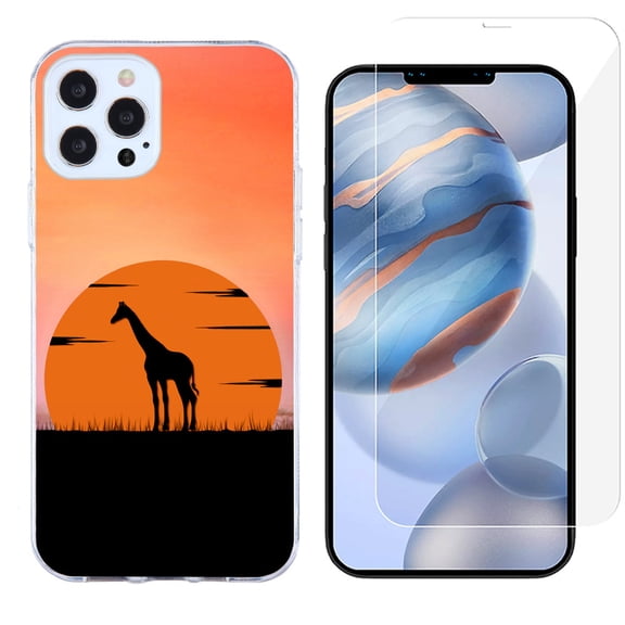 Slim-Fit Protective Phone Case compatible with iPhone 12 Pro Max, with Tempered Glass Screen Protector, by OneToughShield ® - Sunset Giraffe