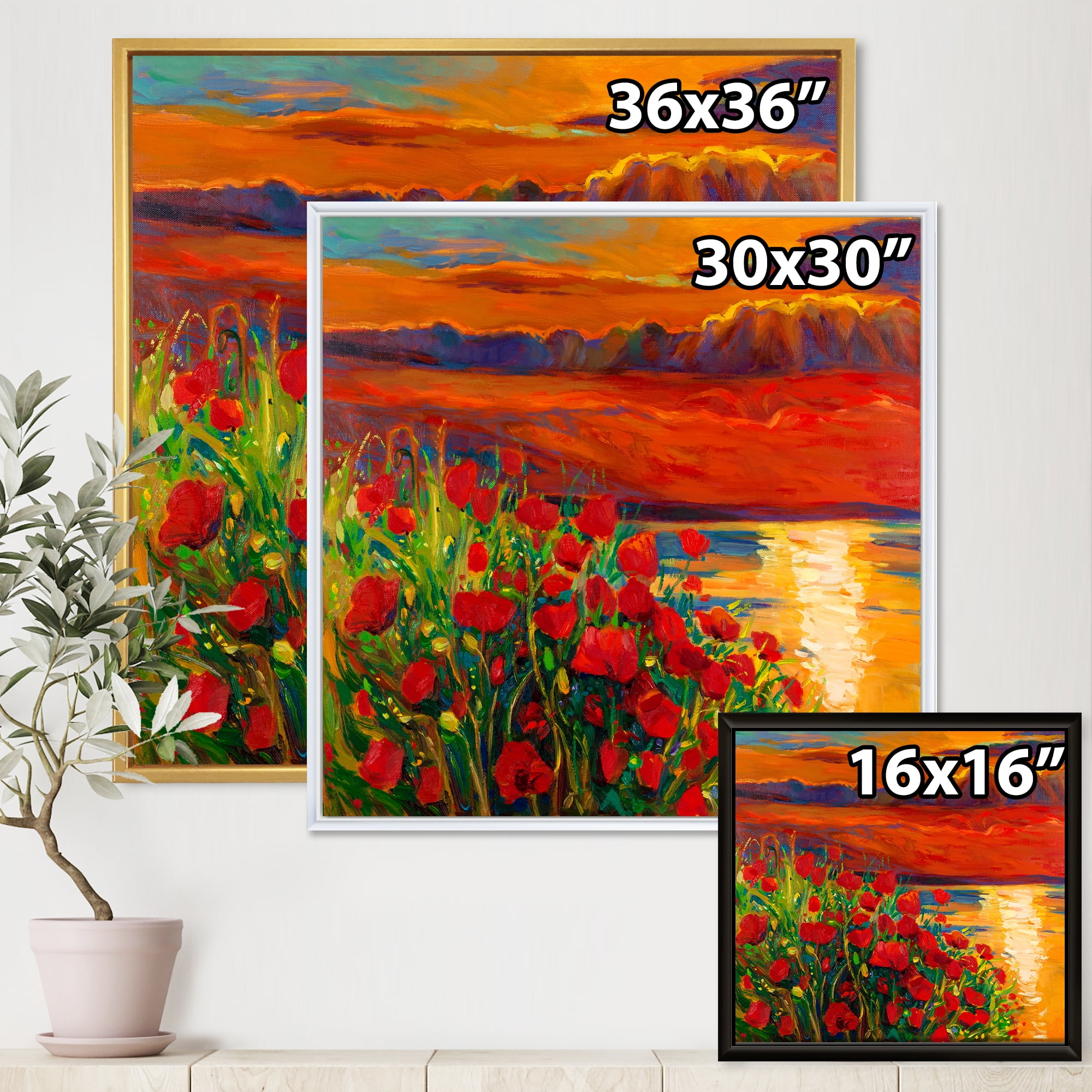 Designart 'Red Poppies By The Ocean During Evening Glow' Nautical & Coastal Framed Canvas Wall Art Print