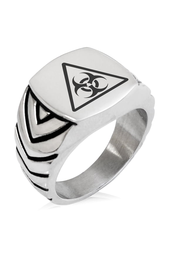Stainless Steel Biohazard Triangle Chevron Pattern Biker Style Polished Ring