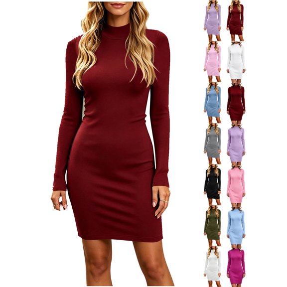 Women's Fashion Solid Color Round Neck Long Sleeve Slim Fit Bodycon Dress
