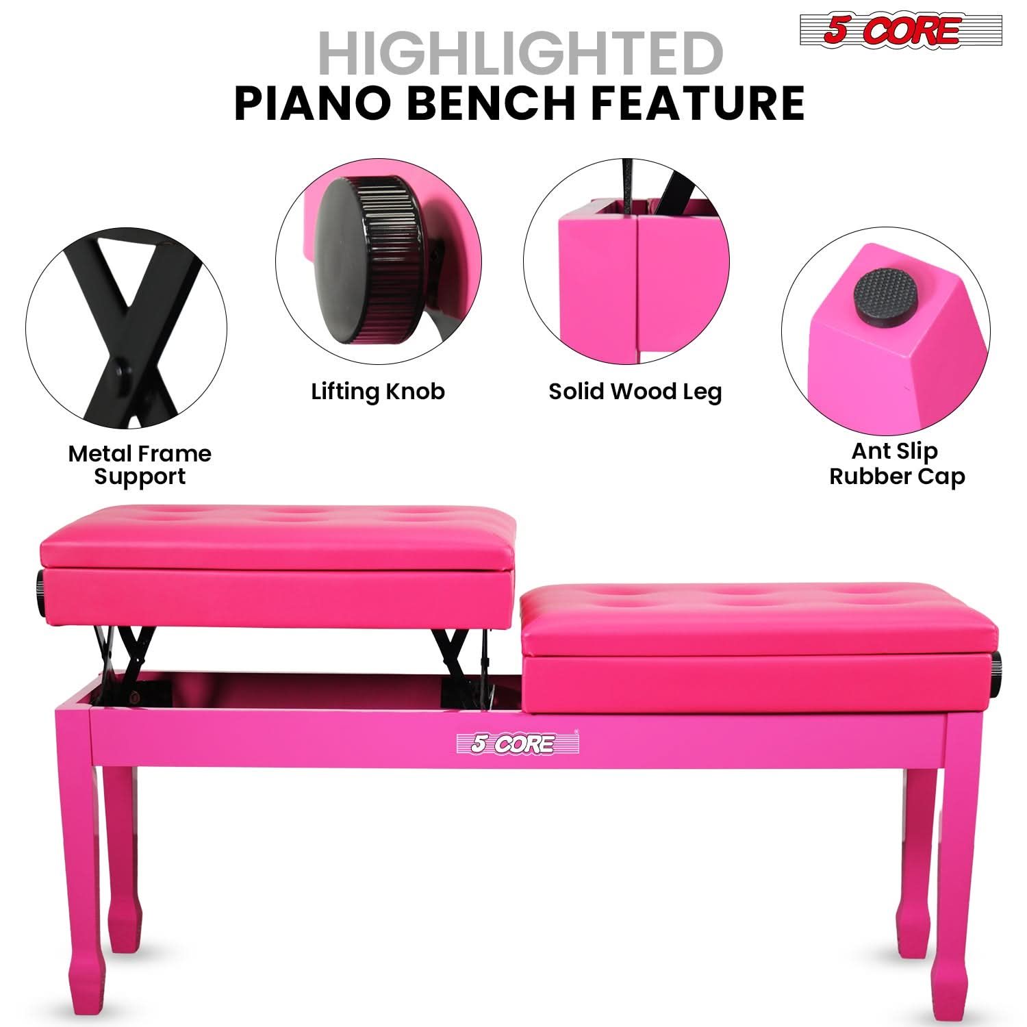 Duet Piano Bench with Storage, Height Adjustable 19-23 Inch, 3.5" Thick Padded Stool, 441lbs Heavy Duty Solid Wood Musician Chair, Spill-Resistant Leather Seat for Double Keyboard, Easy Assembly