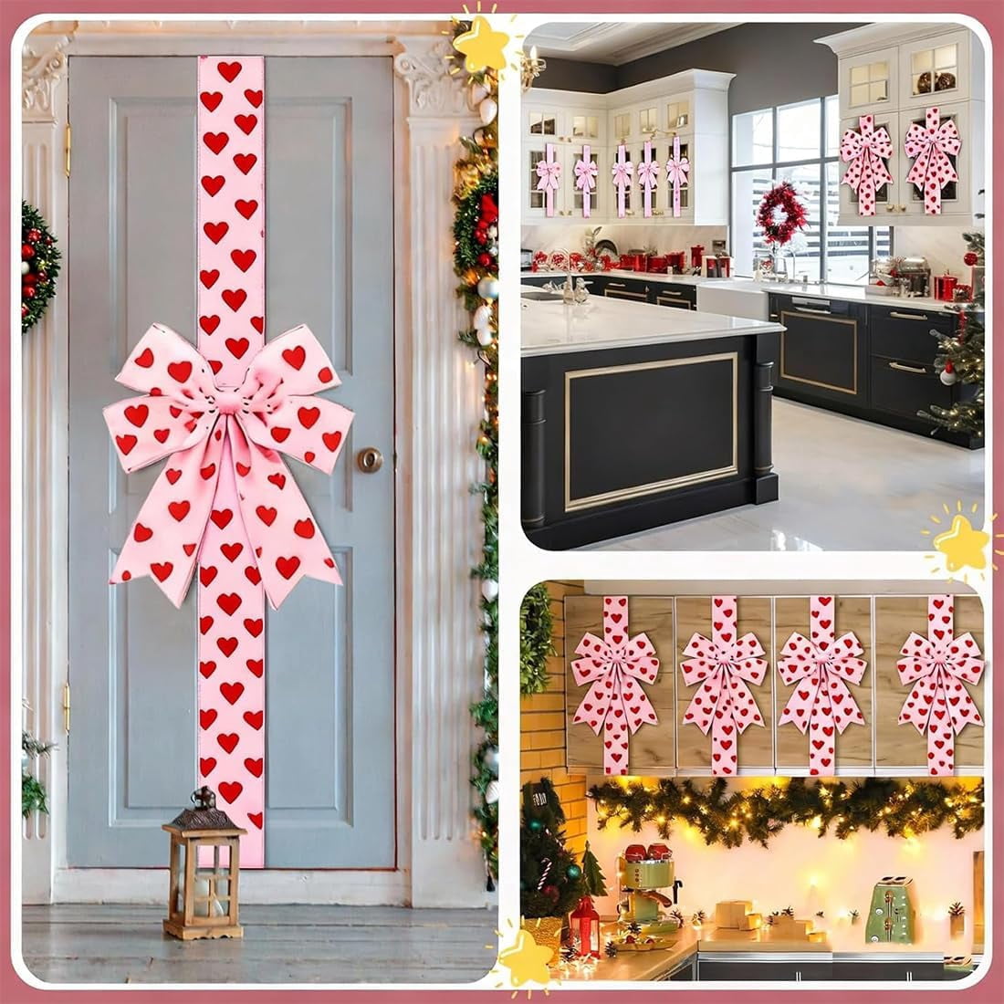4 Pcs Valentines Cabinet Bows, Valentines Day Cabinet Decor, Red Hearts Door Bows Decorations for Window & Kitchen Decorations