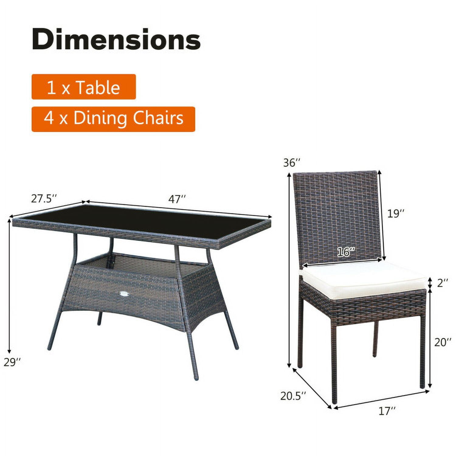 Aimee Lii 5 Pieces Rattan Dining Set Glass Table High Back Chair, Outdoor Patio Furniture