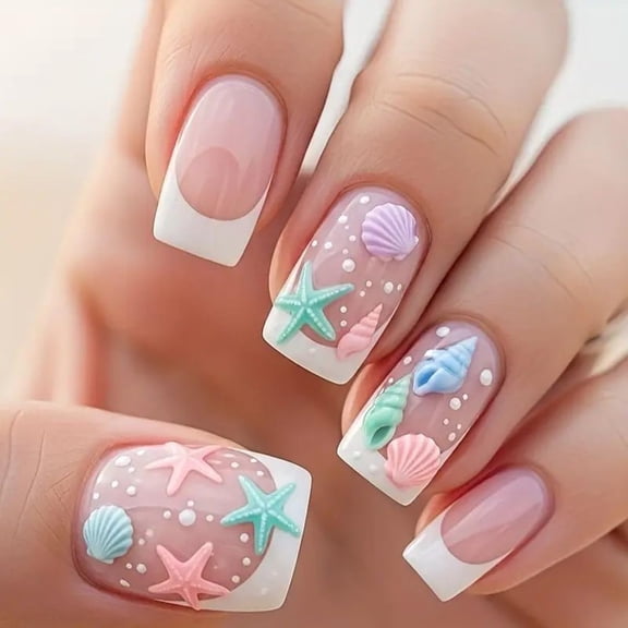 RAGUPEL Press on Nails Short Square Fake Nails Press Ons Acrylic Nail Art Kit False Nails White French Glossy Glue on Nails Full Cover Stick on Nails with Summer Starfish Designs for Women 24Pcs