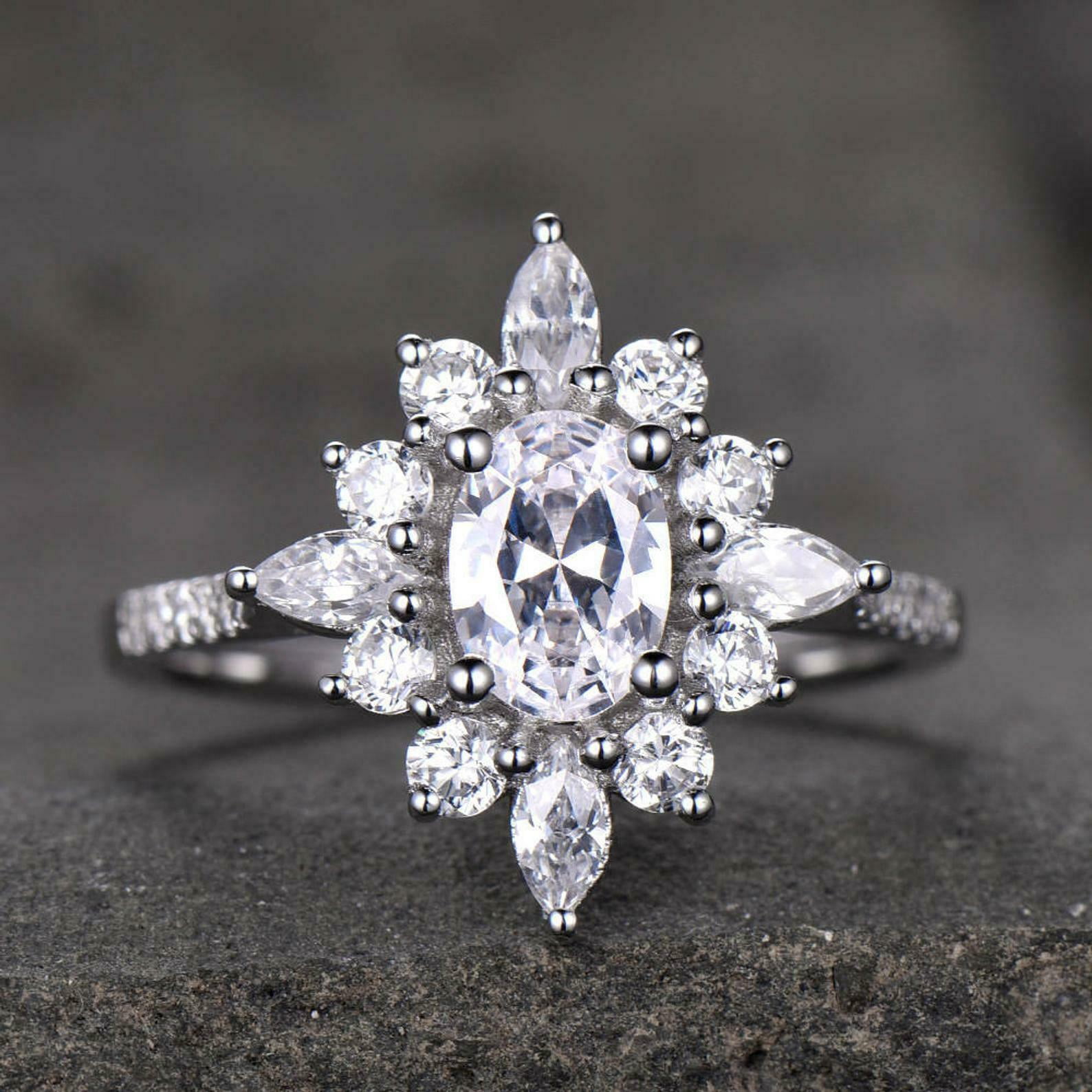 HeartsAndYou 2.4ct Engagement Ring for Women Oval Cut Moissanite Sunburst Ballerina 18k White Gold over Silver