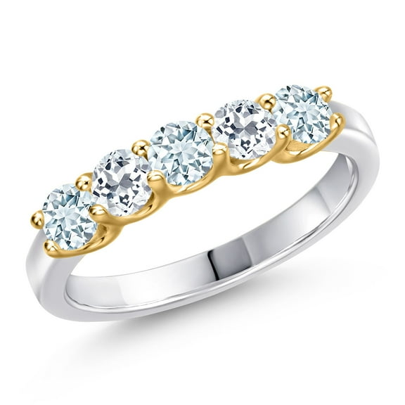 Gem Stone King 925 Silver and 10K Yellow Gold Sky Blue Aquamarine and White Topaz Wedding-Bands Ring for Women | 0.94 Cttw | Round 3.5MM | Gemstone March Birthstone | Size 8