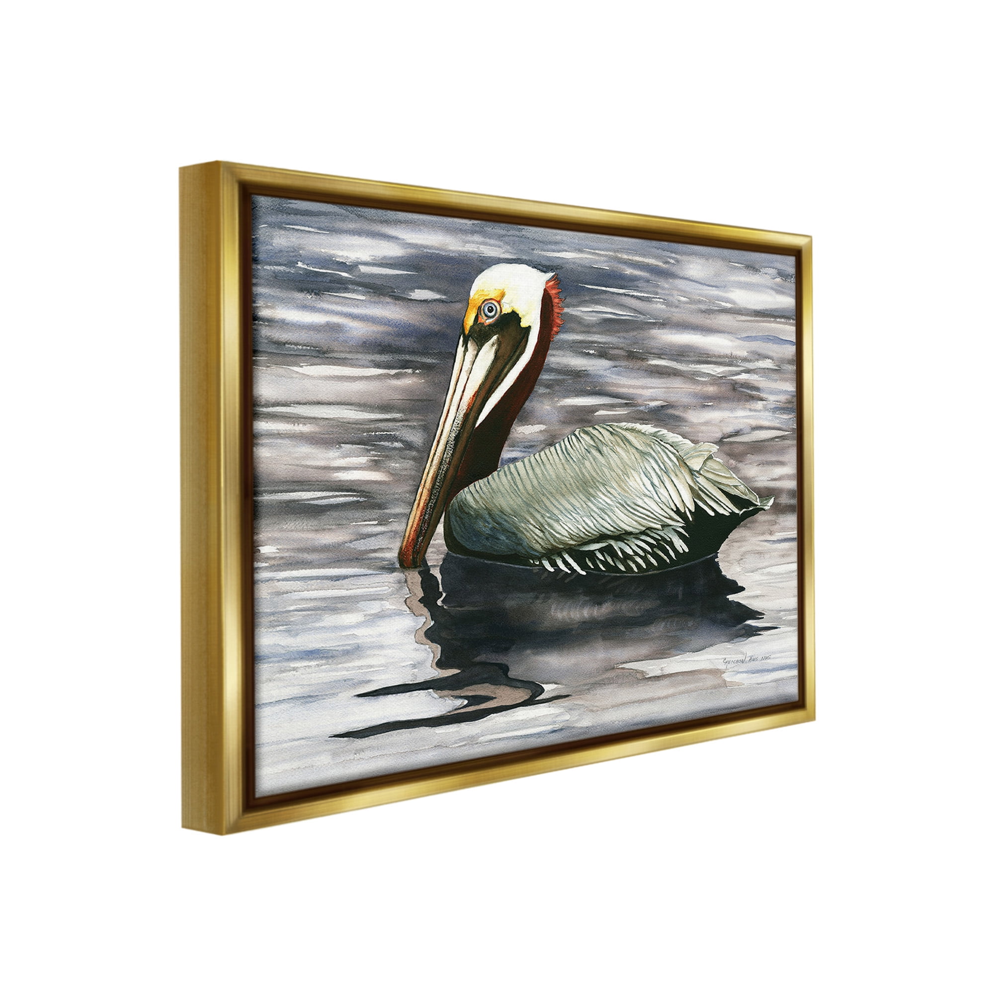 Stupell Industries Swimming Nautical Pelican Animals & Insects Painting Gold Floater Framed Canvas Art Print Wall Art, 21 x 17
