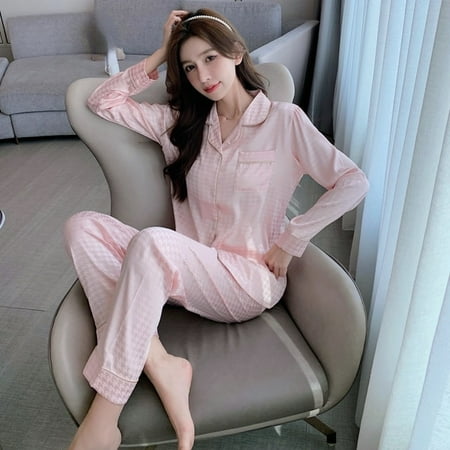 

PIKADINGNIS Long Sleeve Silk Pajamas Spring Autumn Satin Women Pajama Solid Color Plaid Sleepwear Pyjamas 4XL 5XL Nightwear