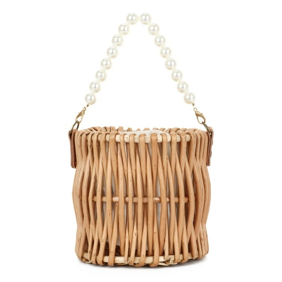 Rattan Beach Bag for Women Small Woven Purses Round Wicker Pearl Top Handle Tote Bag for Summer Vacation
