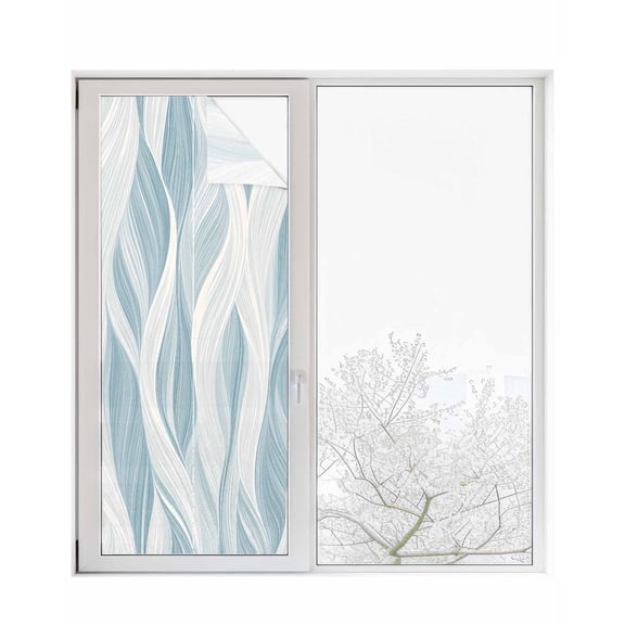 Window Privacy Film White Blue Ombre Stripe Stained Glass Window Film Decorative Sun Block Window Cover Modern Abstract Moire Waves Window Clings Static Adhesive Sticker for Bathroom 29.5"x78.7"