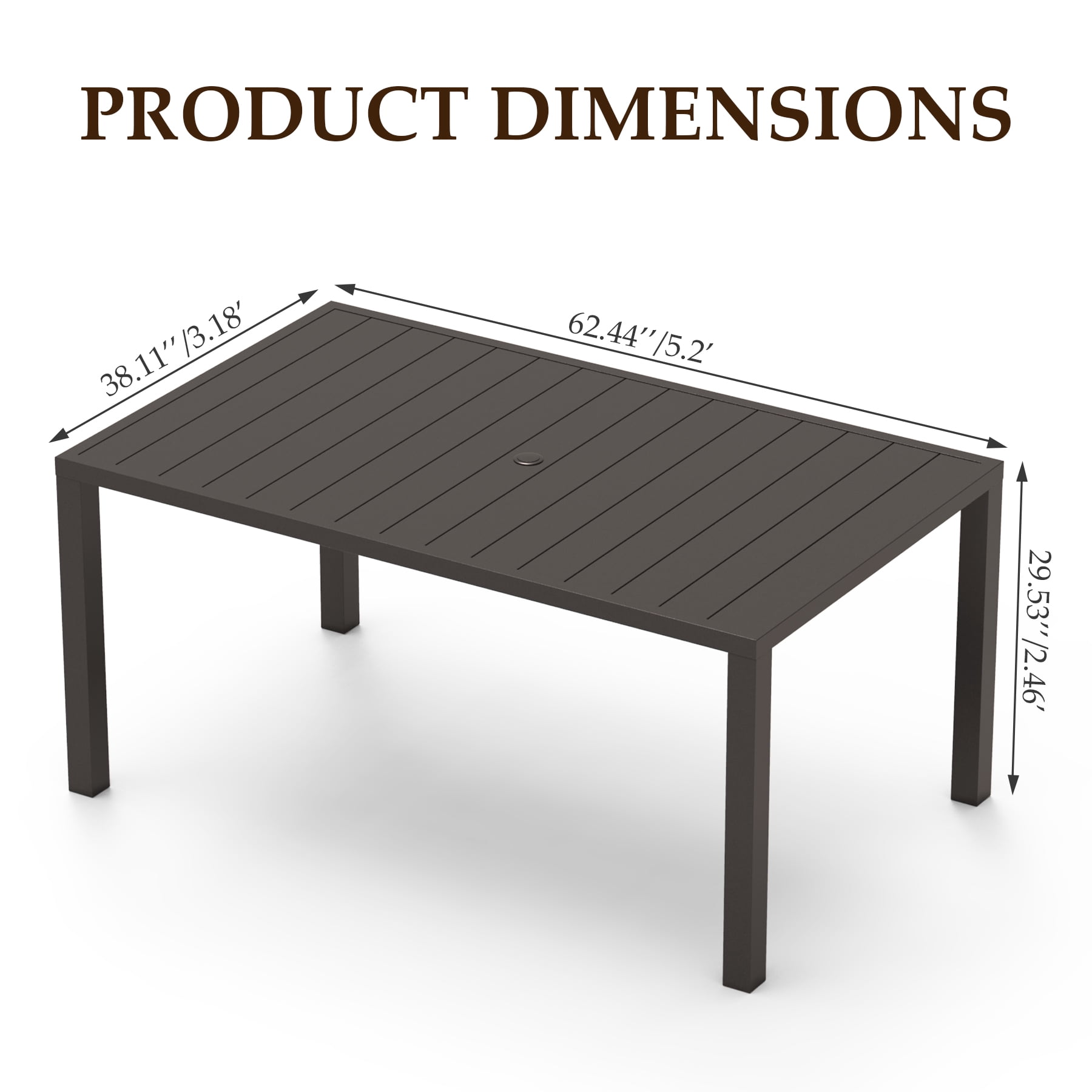 Outdoor Dining Table for 6 Person, Rectangular Slatted Metal Patio Table for Deck Garden Lawn Backyard Use with Umbrella Hole, Brown