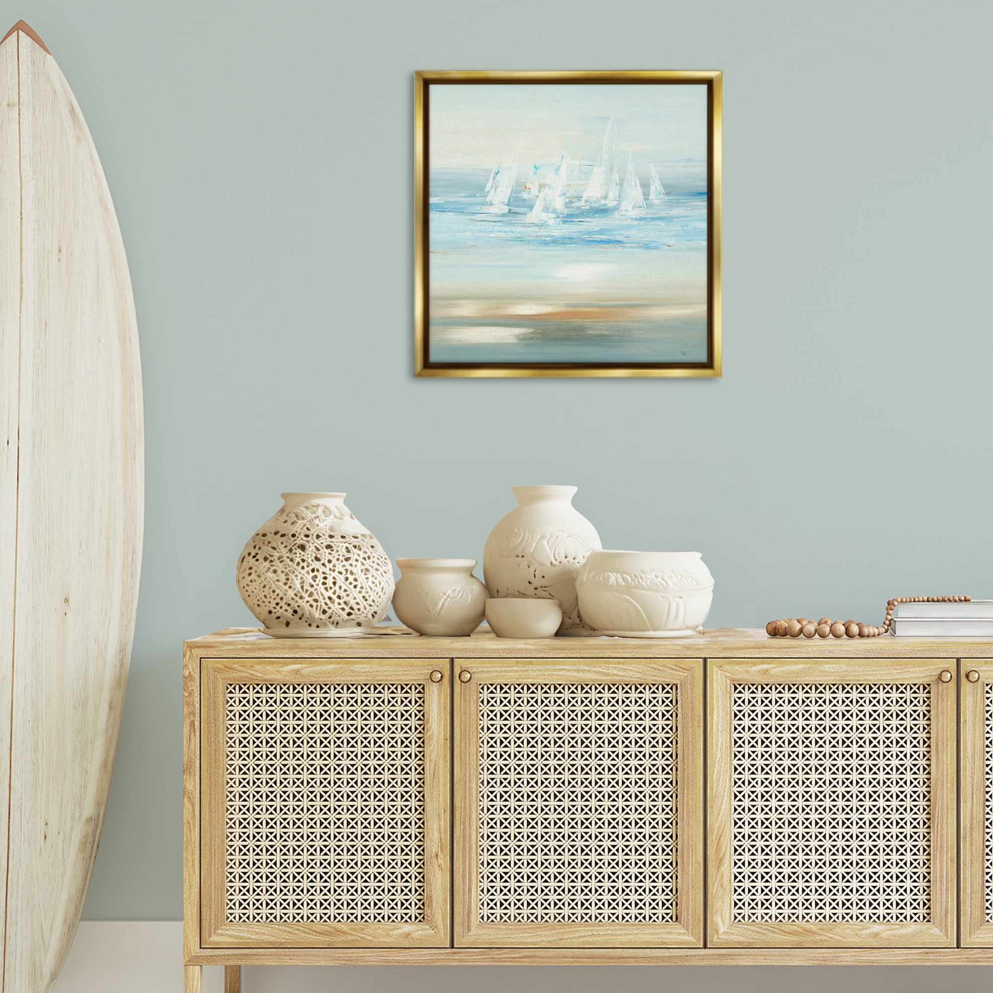Stupell Industries Brushed Sailboat Fleet Coastal Painting Gold Floater Framed Canvas Art Print Wall Art, 25 x 25