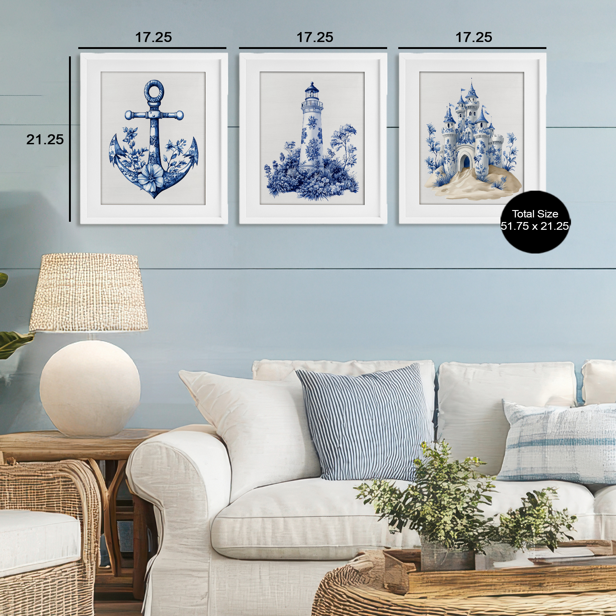 Ornate Nautical Toile Patterns 3 Piece White Framed Print Under Glass Set, design by Lettered and Lined