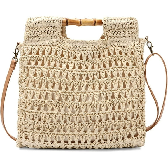 Women Straw Beach Tote Bag Summer Large Bamboo Top Handle Handbag Hand Woven Shoulder Crossbody Purse for Travel