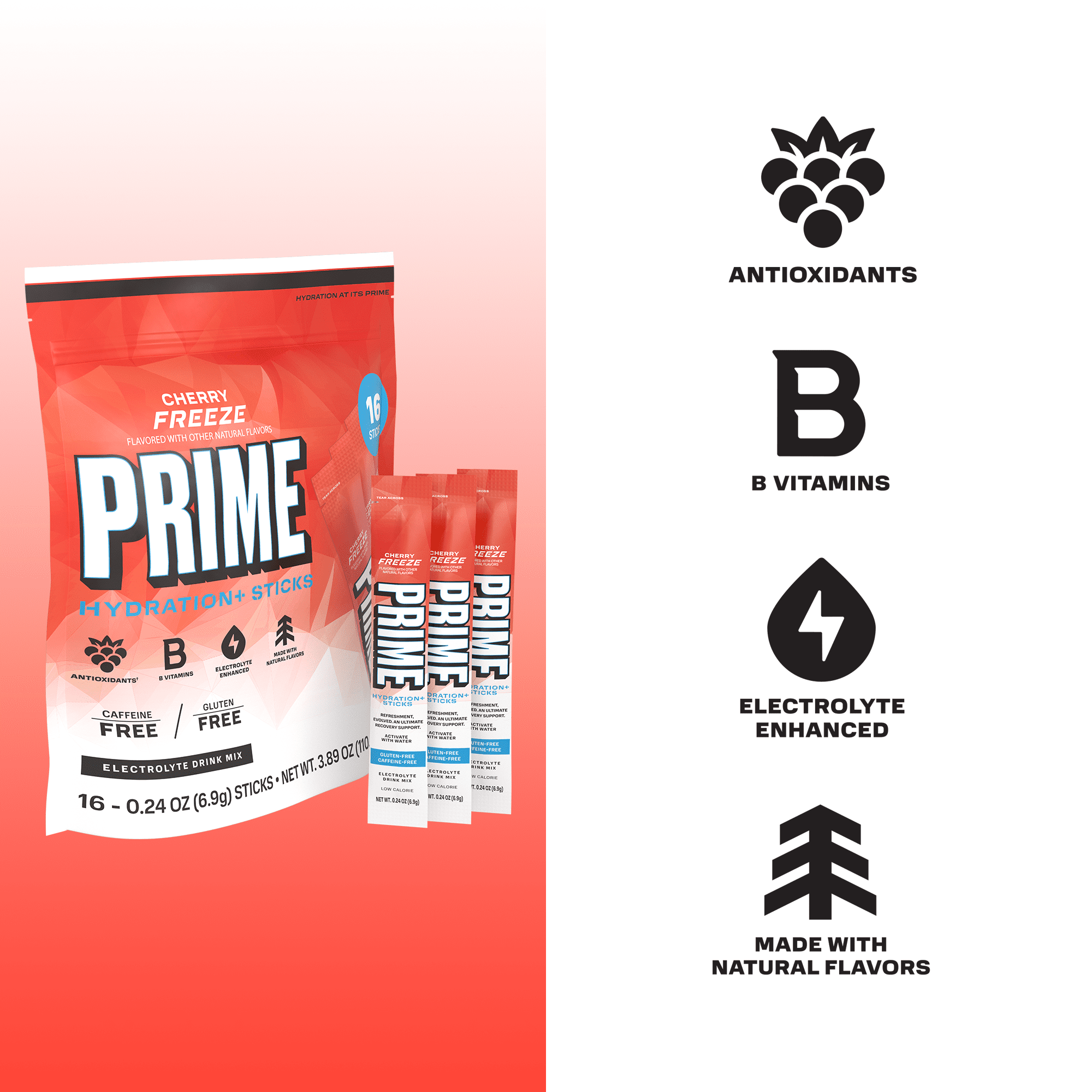 PRIME Hydration+ Cherry Freeze Electrolyte Powder Sticks, Sugar Free, 16 Count