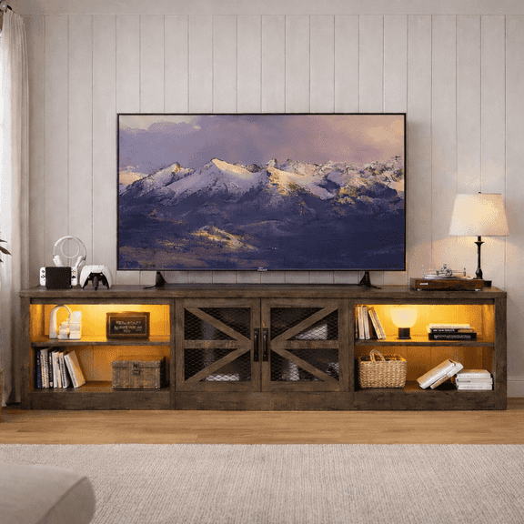 BelvaraHome 78.7" Farmhouse TV Stand with LED Lights, Barn-Style Mesh Doors & Adjustable Shelves, Fits 90" TVs, Rustic Brown