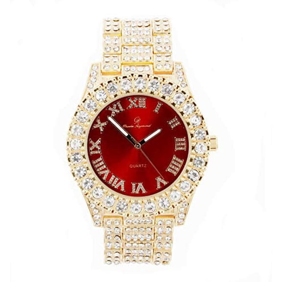 Charles Raymond Blinged Out Round Metal Mens Color on Blast Hip Hop Iced Out Wristwatch with Diamond Time Indicators - Ice on Fire!!! - ST10327DxxS (Gold Red)