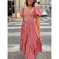 thumbnail image 3 of Womens Red Gingham Plaid Boho Midi Dress With Puff Sleeves Cinched Waist &, 3 of 6