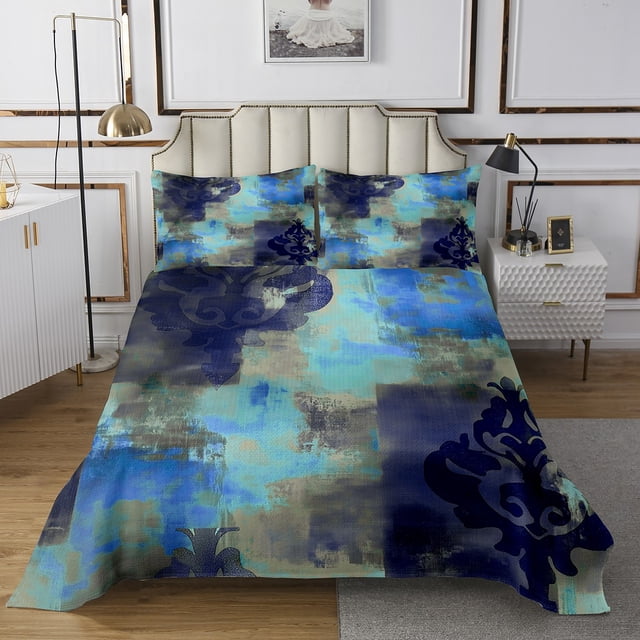 Erosebridal Retro Damask Coverlet Set Queen, Bohomian Floral Print Bedding Set, Abstract Room decor