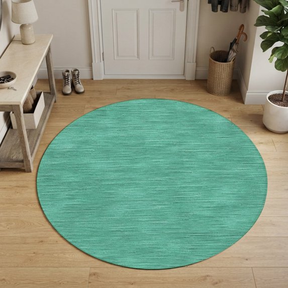 Washable Round Rugs 7ft Teal Solid Color Circle Rug Non-Slip Soft Non-Shedding Low-Profile Minimalist Vintage Linen Texture Modern Large Area Rug Carpet for Living Room Bedroom Dining Room Home Decor