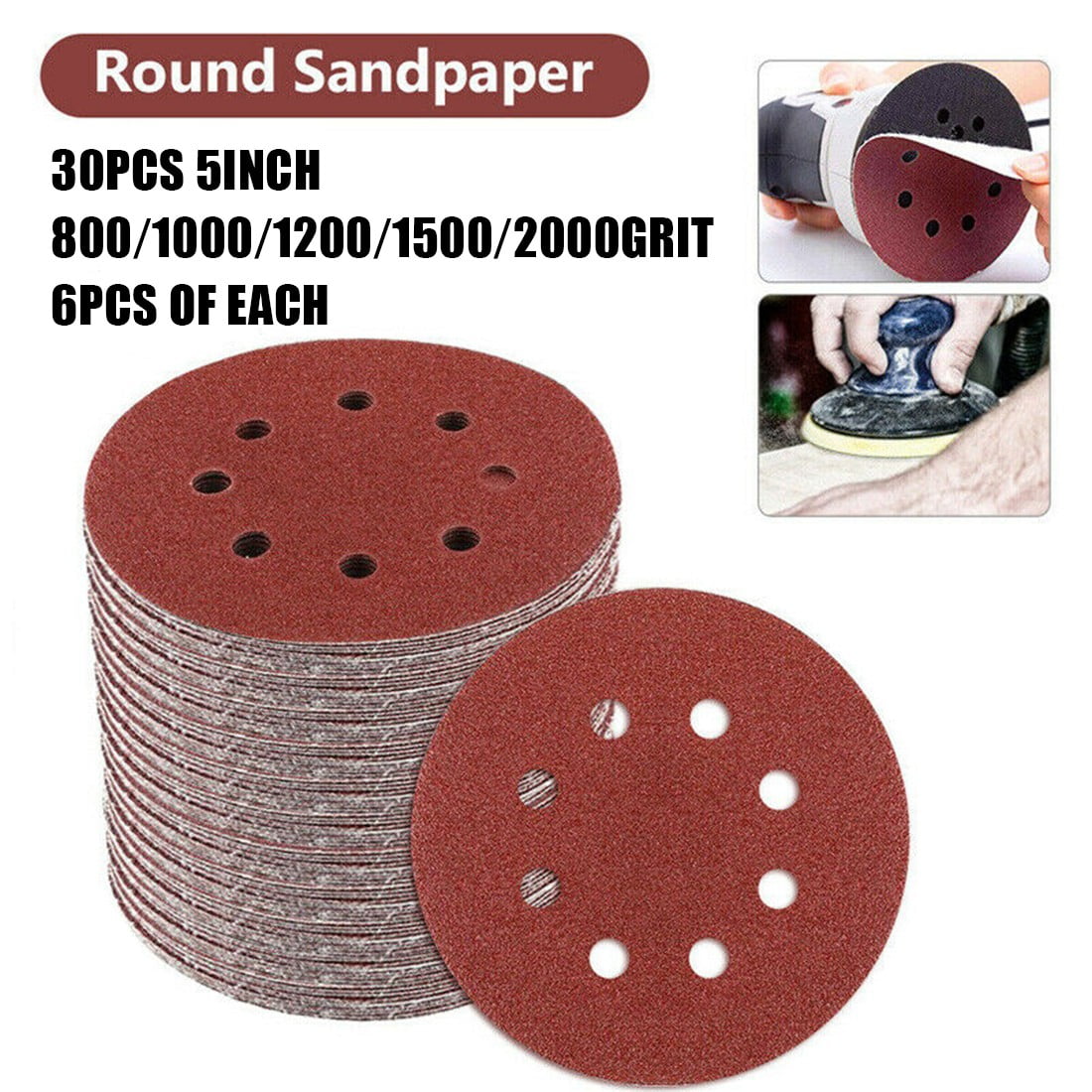 30 Sanding Disc Sandpaper Orbital Palm Sander Hook Loop 800-2000 Grits Pad 125mm 