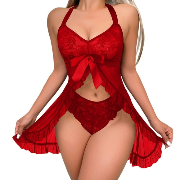 WZXFASHION Women Sexy Lingerie Sets Lace Chemises Negligees Lingerie Dress Intimates Red M
