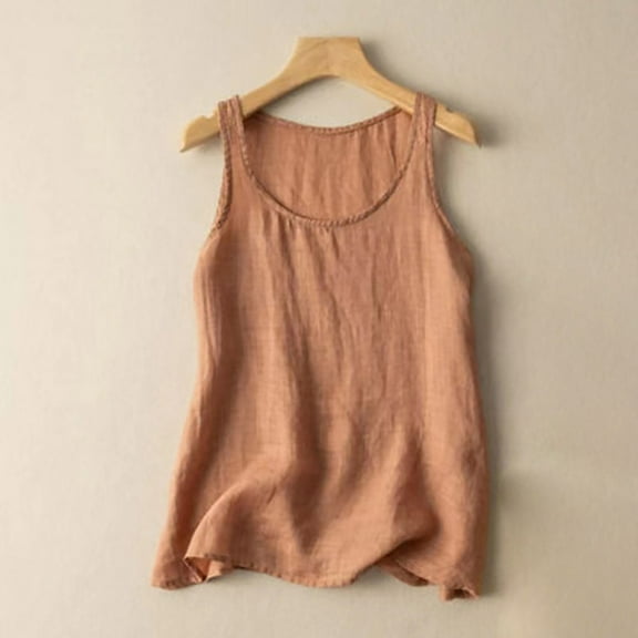 Nrmvnmi Women Natural Linen Sleeveless Tank Tops Basic Summer Casual Solid Color Crewneck Blouse Mothers day Gifts for Wife