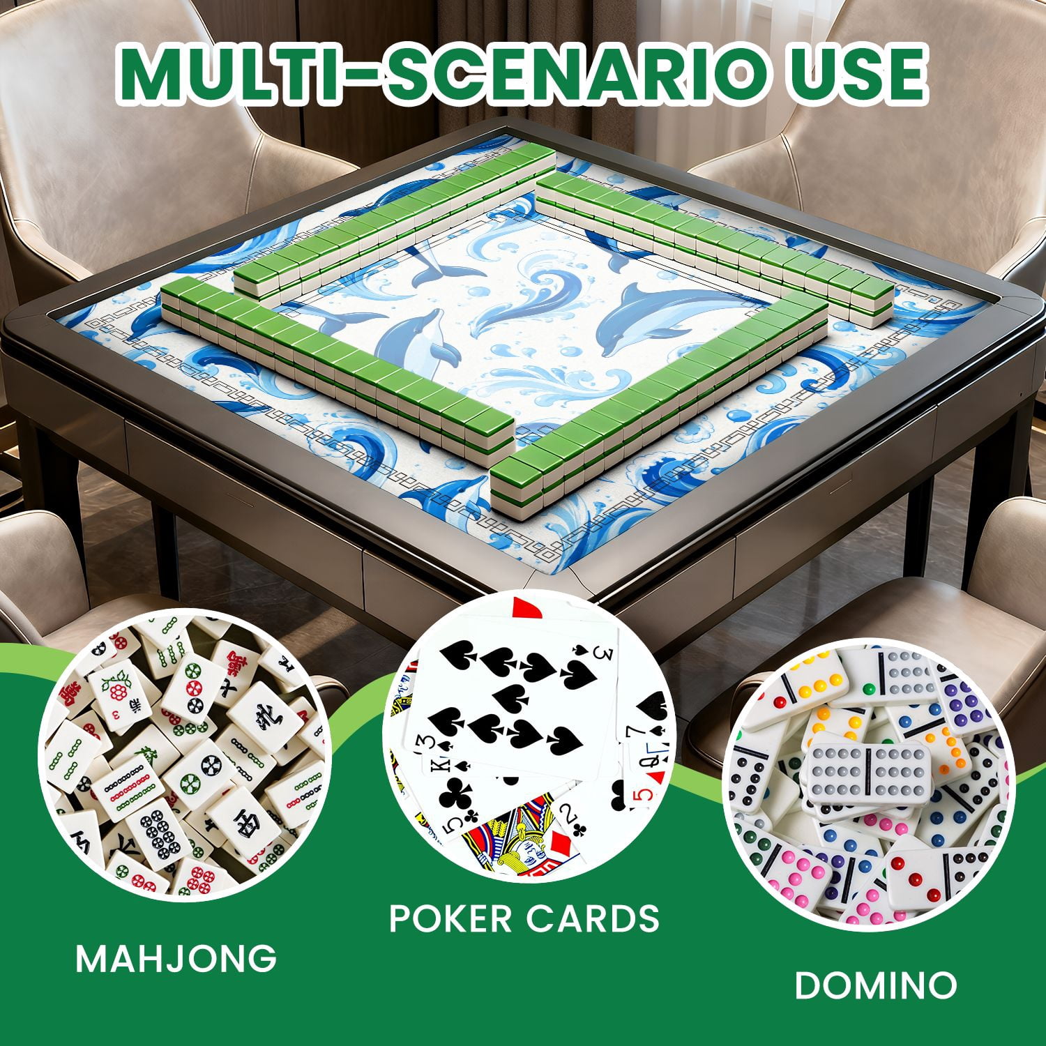 Mahjong Mat 31.5" x 31.5" Blue Dolphin Ocean Wave Seamless Coastal Nautical Style Non-Slip Noise Reduction American Mahjong Tiles Table Cover for Dominoes Poker Card Board Games Gift