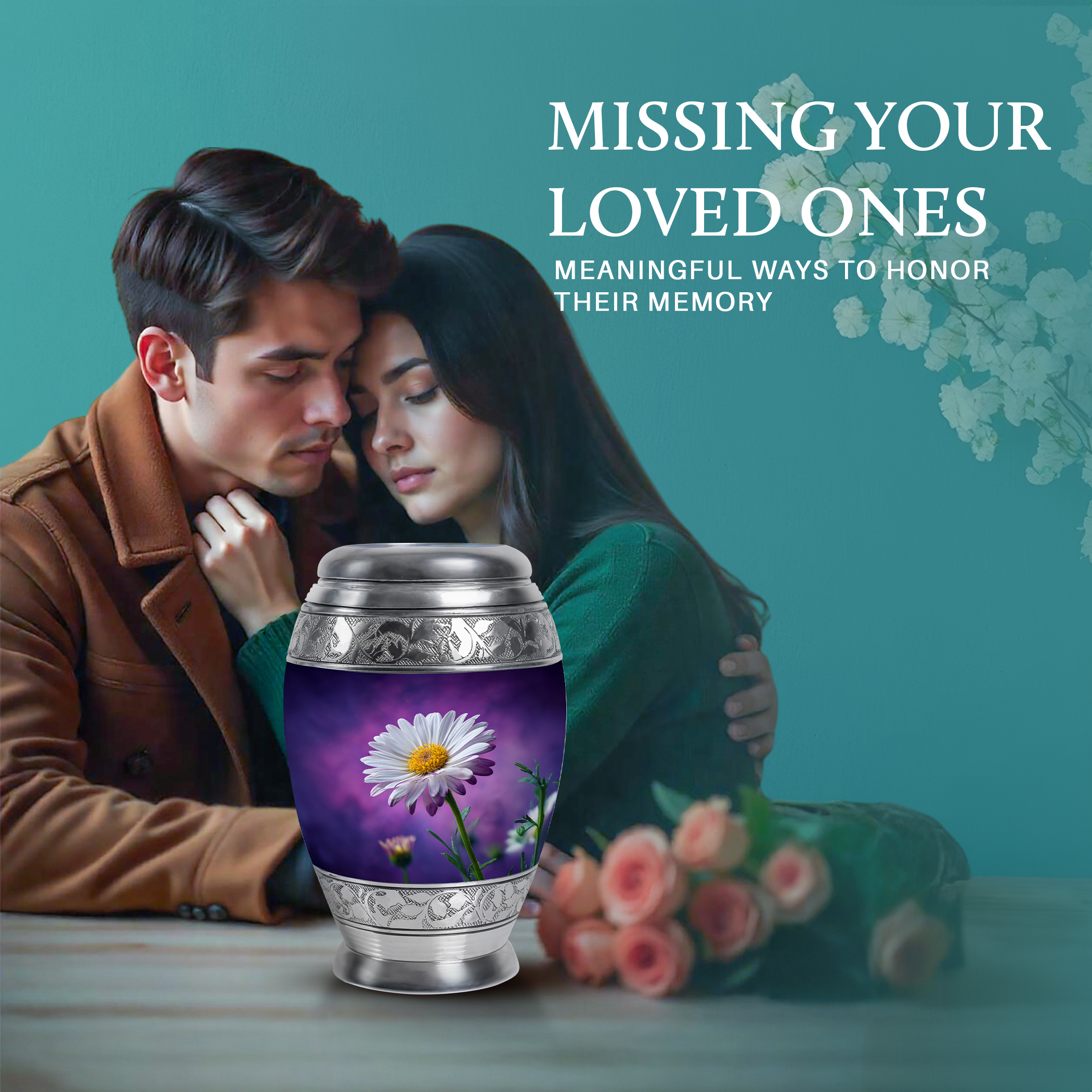SABURIAL Daisy Urn - Funeral Urn Ashes - Unique Design - 10 Inch - Large With Velvet Bag - Urns For Adult Male & Female - Ashes Urns Human Remains - Decorative For Cremation