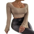 thumbnail image 4 of Women Solid Color Ribbed Square Neck Lettuce Hem Show Navel T-Shirts Spring Autumn Flare Long Sleeve Slim Crop Tops Black M, 4 of 6