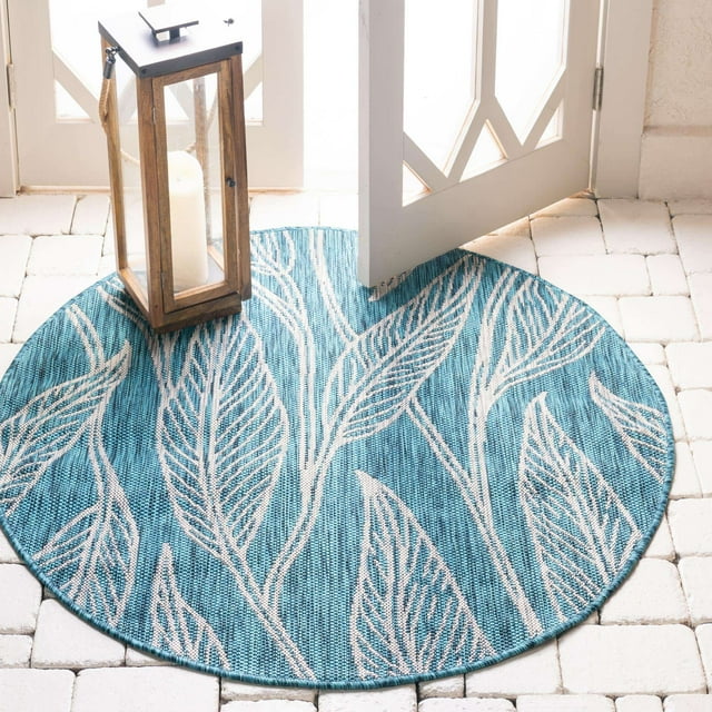Unique Loom Botanical Collection Casual Leafs Transitional Indoor and Outdoor Flatweave Round Rug, 4 Feet, Teal/Ivory