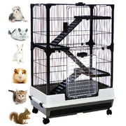Large 4-Floors Deluxe & Durable Small Animal Critter Guinea Pig Rabbit Cage Ferret Chinchilla Cat Bunny Hutch Paw Safe Solid Platform & Ramp, Leakproof Litter Tray Large Access Doors Lockable Caster