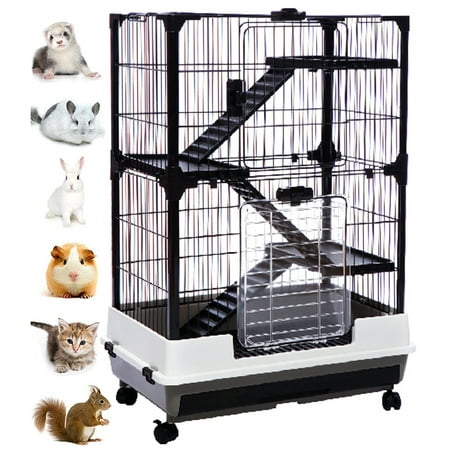 Large 4-Floors Deluxe & Durable Small Animal Critter Guinea Pig Rabbit Cage Ferret Chinchilla Cat Bunny Hutch Paw Safe Solid Platform & Ramp, Leakproof Litter Tray Large Access Doors Lockable Caster