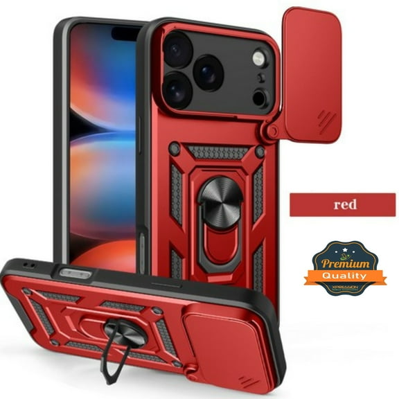 For Apple iPhone 17 Pro Max Heavy Duty Case with Magnetic Ring Stand & Sliding Camera Protector [Red]
