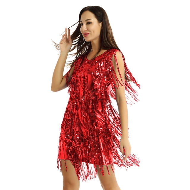 Mufeng Robe de Danse Salsa Latin Tango Cha Cha pour Femmes Robe à Paillettes à Franges Costume de Bal Rouge m