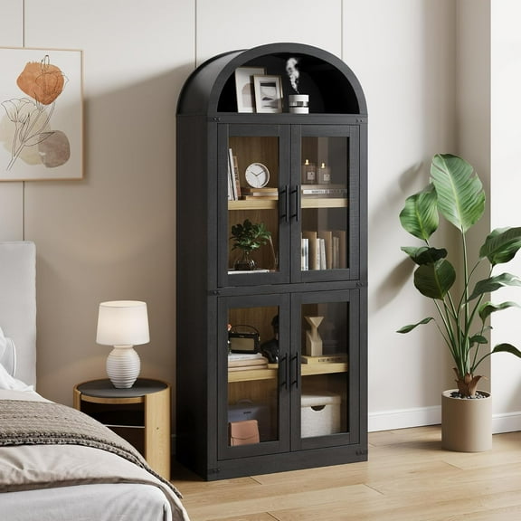 Arched Farmhouse Bookshelf with Doors & Drawers 71.4" Tall Wooden Display Cabinet 15.83" Deep Rounded Bookcase, Black