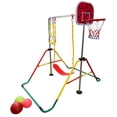 thumbnail image 3 of Kids Expandable Gymnastics Bar 5 in 1 Playground Height Adjustable Jungle Gym Set with Deluxe Swing, 2x Trapeze Rings, Basketball Net, Foldable Horizontal Bar Monkey Bar Kip Bar + Accessories Included, 3 of 9