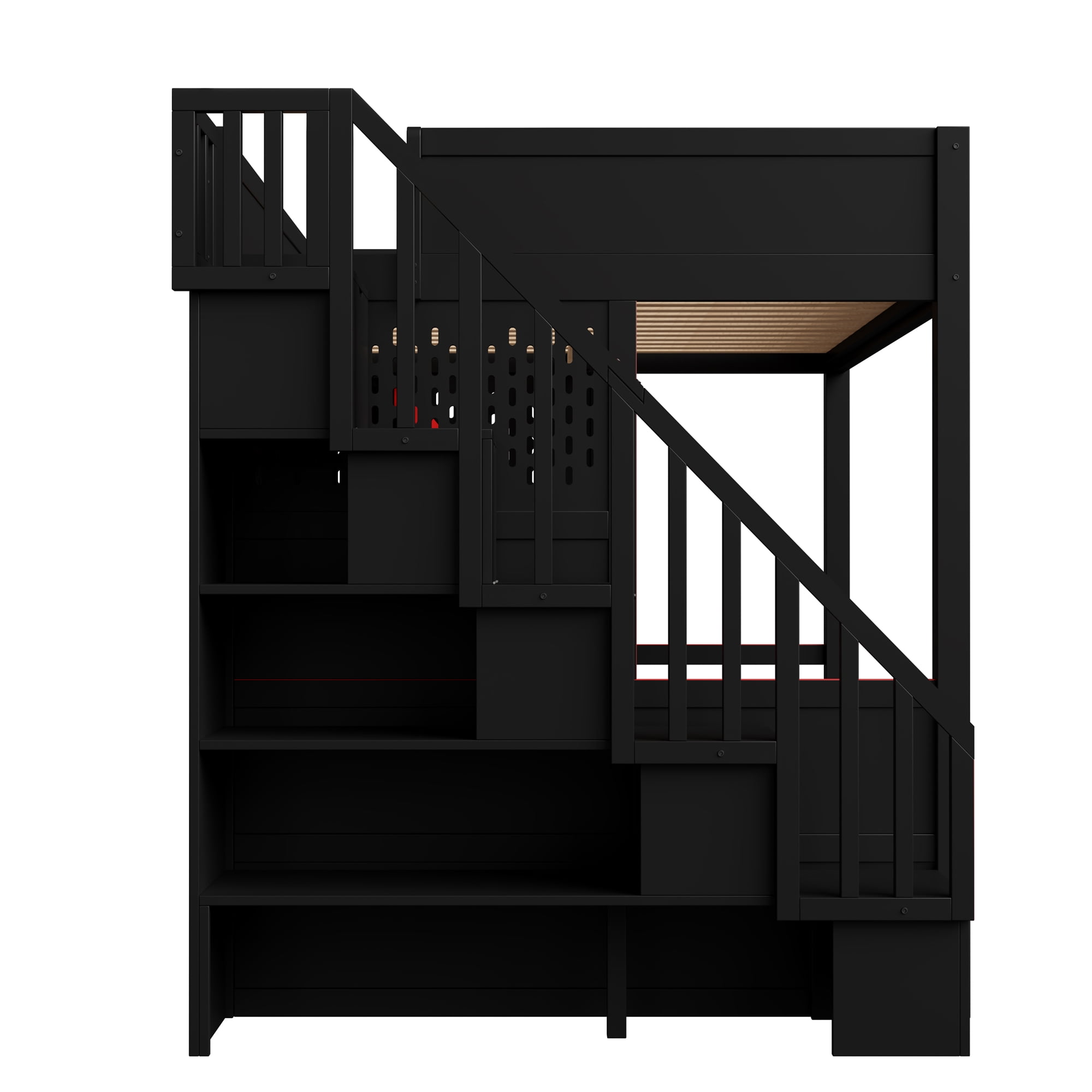 Euroco Wood Full Size Loft Bed with Desk and Staircase, Gaming Bed with LED Light and USB Charging, Black