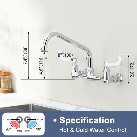 Wall Mount Commercial Sink Faucet Long Handles Wall Mounted Kitchen Faucet 8 Inch Center Swivel Spout for Utility Laundry Room Restaurant Sink, 8" Spout