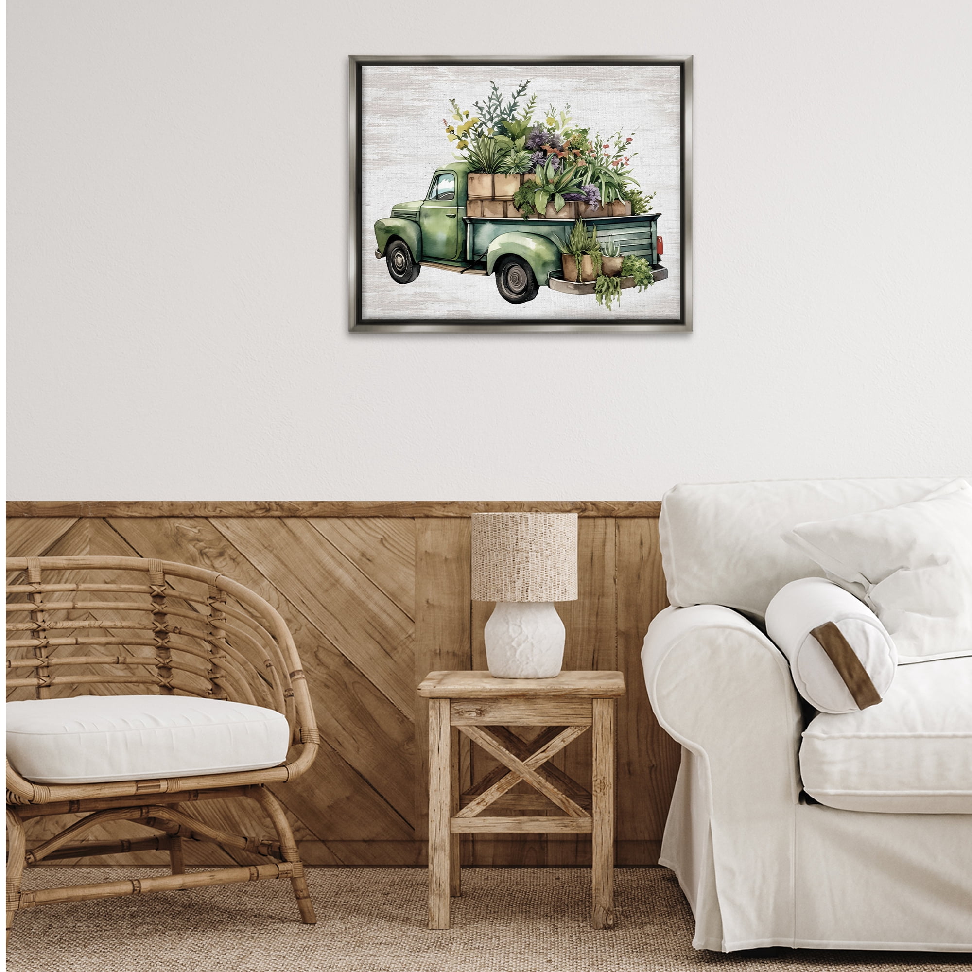 Stupell Industries Greenery Filled Truck Transportation Painting Gray Floater Framed Canvas Art Print Wall Art, 31 x 25