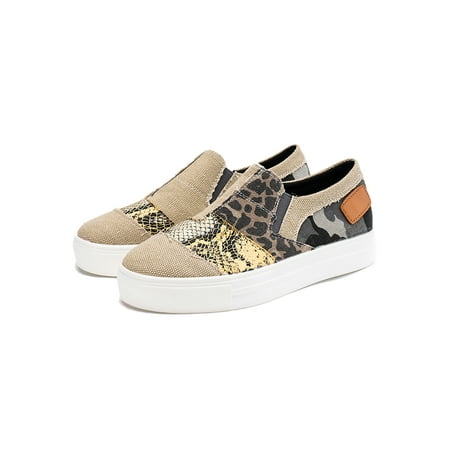 

Frontwalk Womens Walking Shoes Comfort Flats Leopard Print Sneaker Work Fashion Loafers Ladies Slip On Canvas Shoe Khaki 8