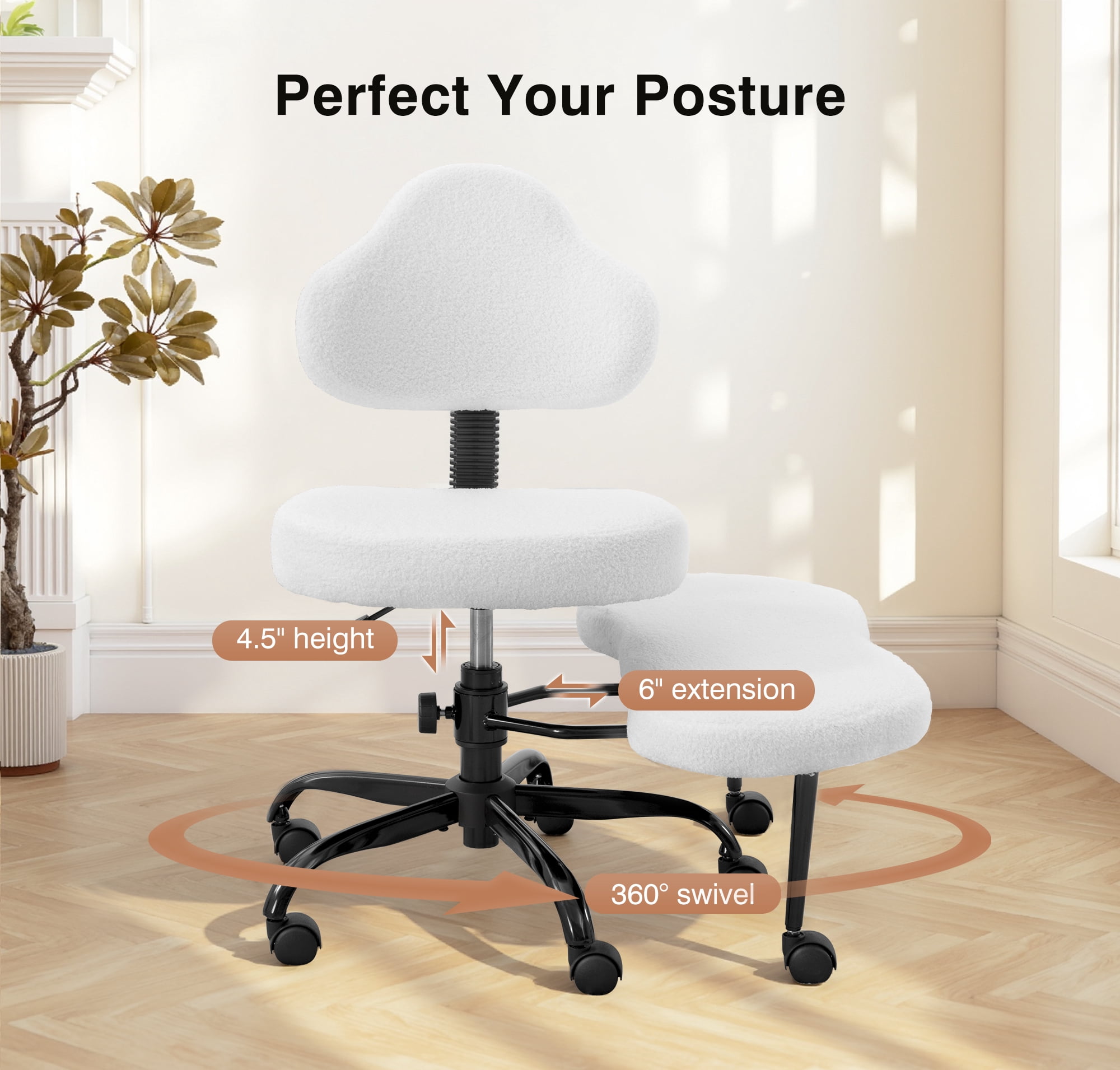 Primy Cross Legged Swivel Chair, ADHD Meditation Yoga Chair, Ergonomic Kneeling Chair for Adults with Wide Seat, 360° Swivel Retractable Footrest, Adjustable Height and Teddy Fabric, White